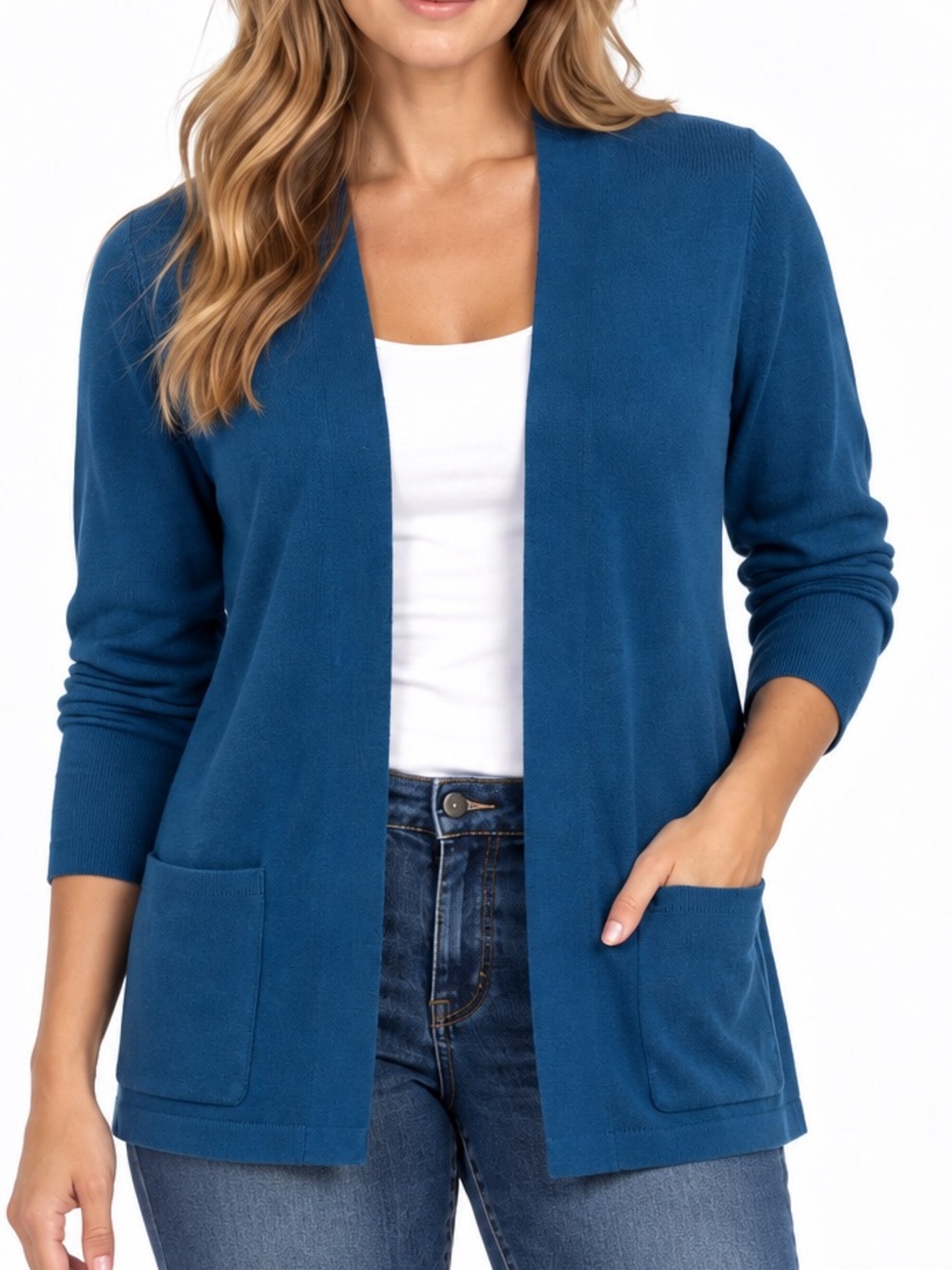 J.Jill Blue Open Front Long Cardigan Sweater Women’s Medium Pockets Cotton Blend